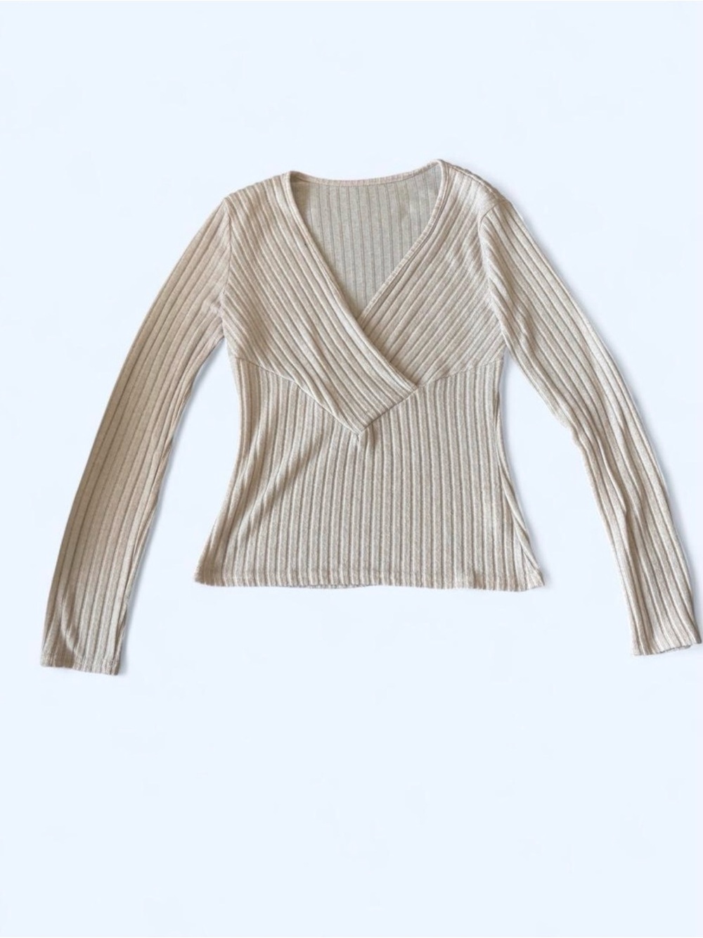 SHEIN Ribbed V-Neck Long Sleeve Sweater — Beige